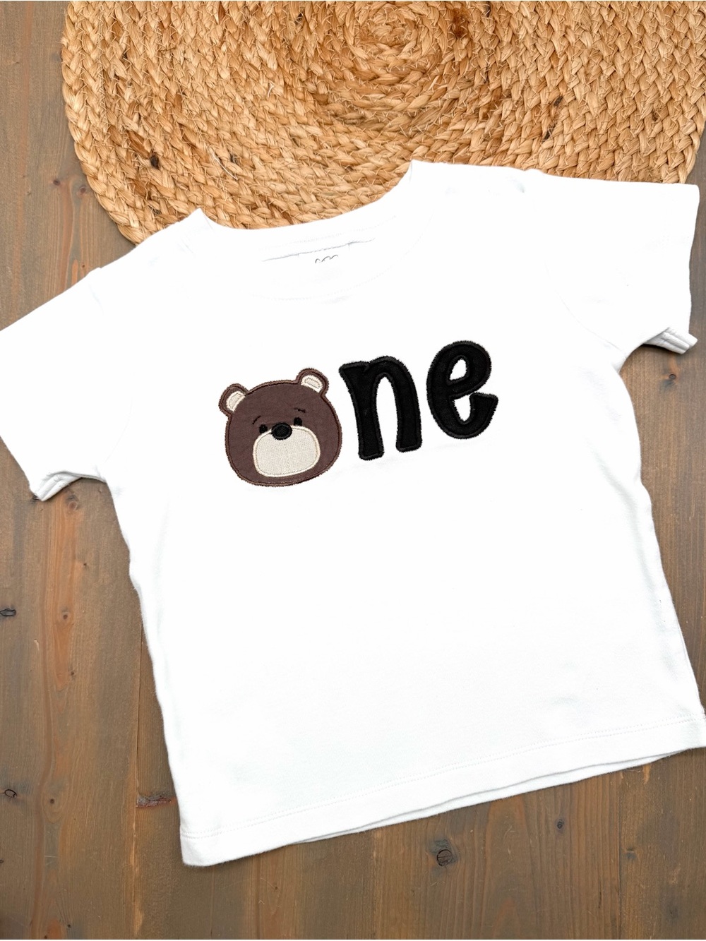 White Short-Sleeve Kids Tee with Bear 'One' Appliqué